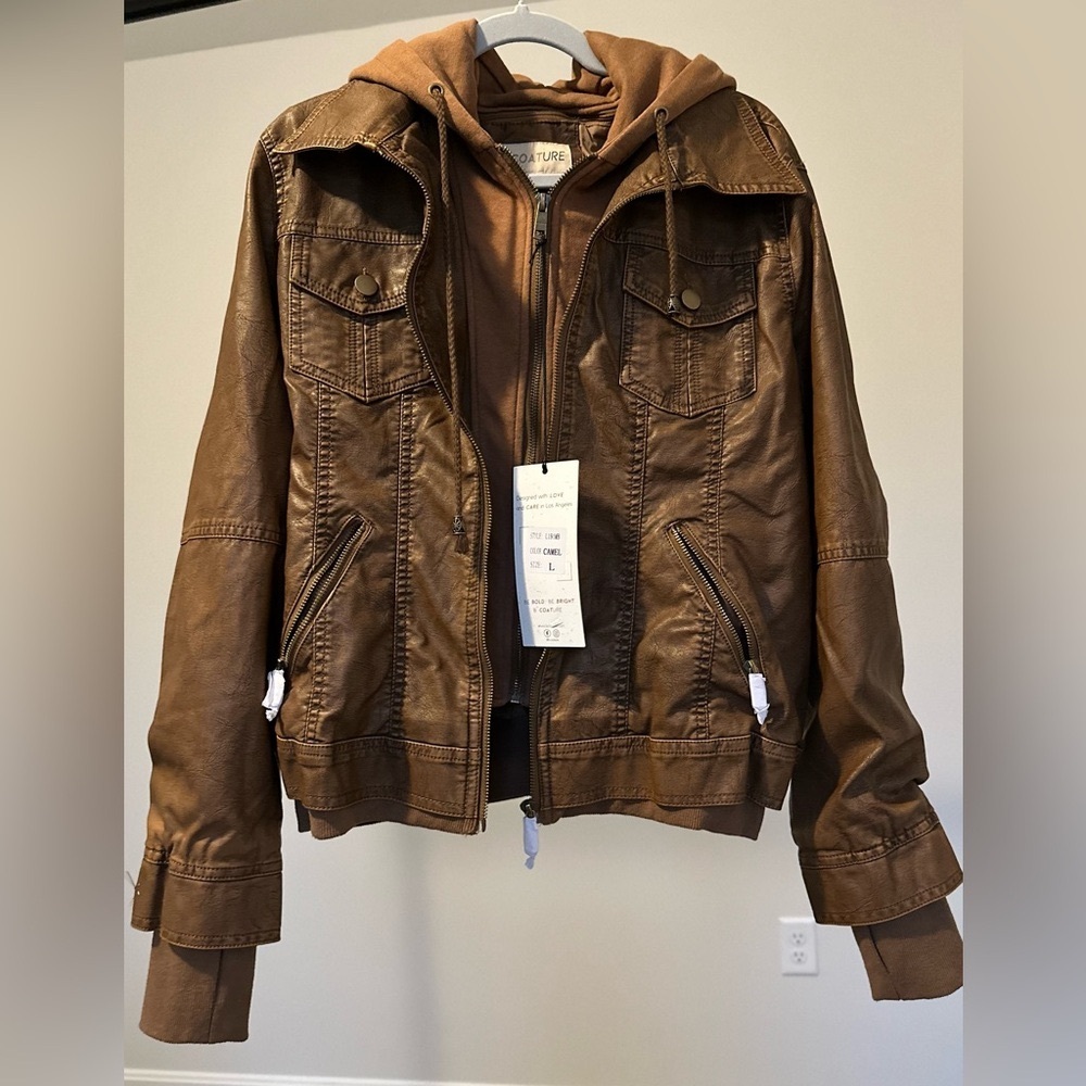 Hooded Sweatshirt Vegan Leather Camel Jacket